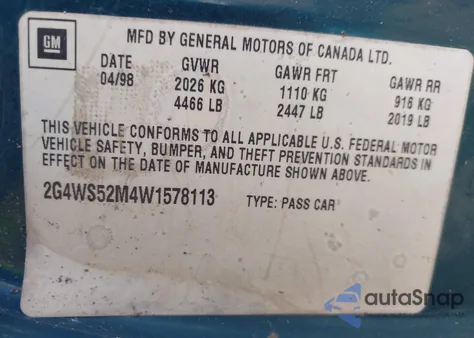 1998 Buick Century Custom из США, поврежденный, VIN 2G4WS52M4W1578113